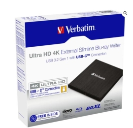 Verbatim External Slim Blue-ray Writer Ultra HD 4K Type-C Connection, USB 3.1 Gen1. Includes Nero Burning Software. Ultra Portable. New 2024 43888