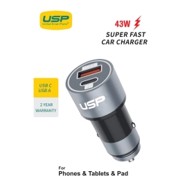 USP 43W Dual Port (USB-C 25W PD + USB-A 43W QC3.0) Fast Car Charger Silver - Dual USB Quick Charge, Inteligent Charging,Short-Circuit Protection,Safe 6.98E+12