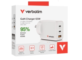 Verbatim 3 Port 65 Watt Portable GaN charger, 2 x USB-C PD 65w, 1x USB-A QC 3.0, GNC-65A Compact Design Apple, Android, Samsung, Google, Huawei, Oppo, 67016