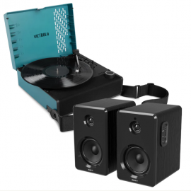 Victrola Revolution Go Turntable - Blue + Bundled Majority D40 Bluetooth Speakers VTR-750SB-BLU-MY