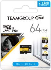 TEAMGROUP HIGH ENDURANCE 64GB Micro SDXC UHS-I U3 V30 4K 100MB/s (Designed for Monitoring) Stable Durable Long Lasting Flash Memory Card for Security THUSDX64GIV3002