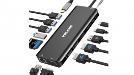 VOLANS VL-UCTDMH-SAluminum 14-in-1 USB-C Hub with 100W PD - 2x HDMI, 1x VGA, 3x USB-A, 2x USB-C, 1x Ethenet, Card Reader
