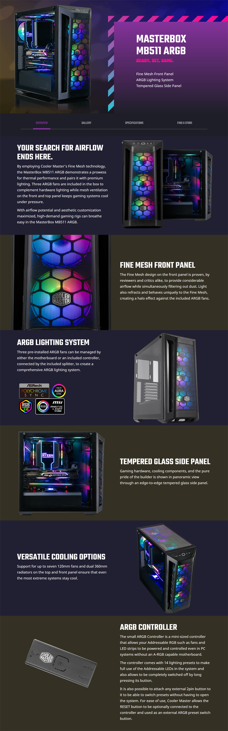 COOLERMASTER MASTERBOX MB511 ATX CASE, ARGB, TEMPERED GLASS WINDOW ...